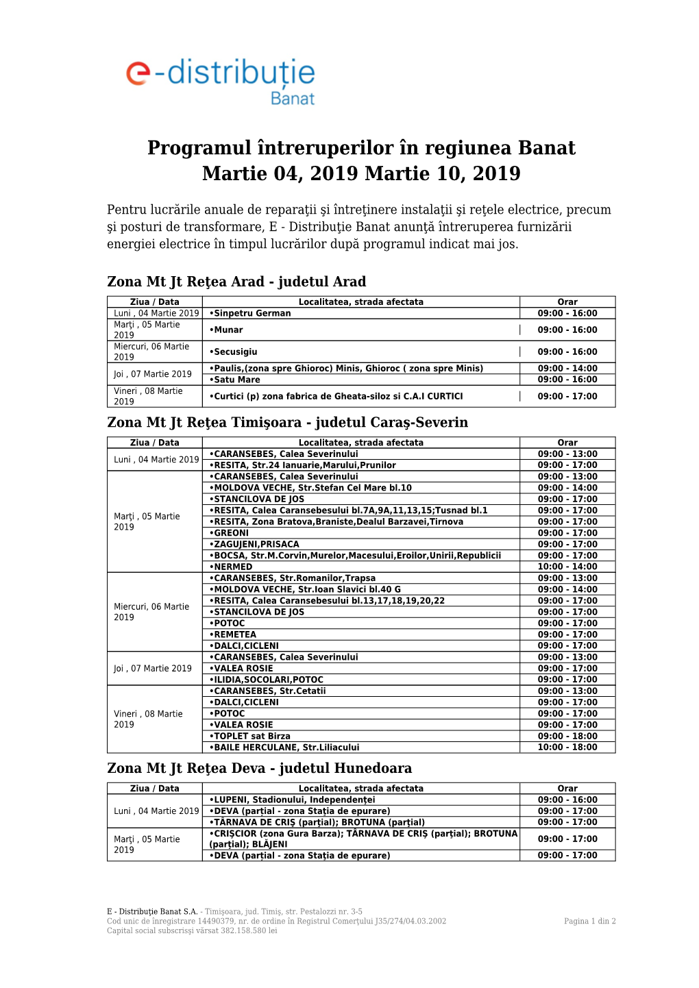 Programul Întreruperilor În Regiunea Banat Martie 04, 2019 Martie 10, 2019