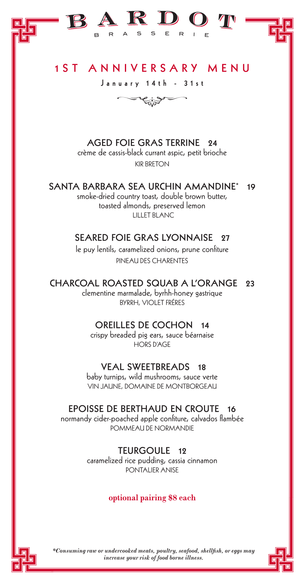 Aria Dining Events Bardot Anniversary Menu