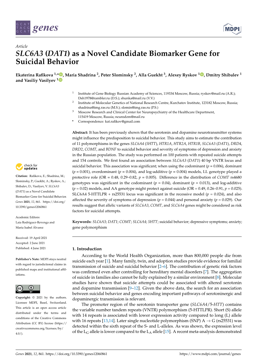 SLC6A3 (DAT1) As a Novel Candidate Biomarker Gene for Suicidal Behavior