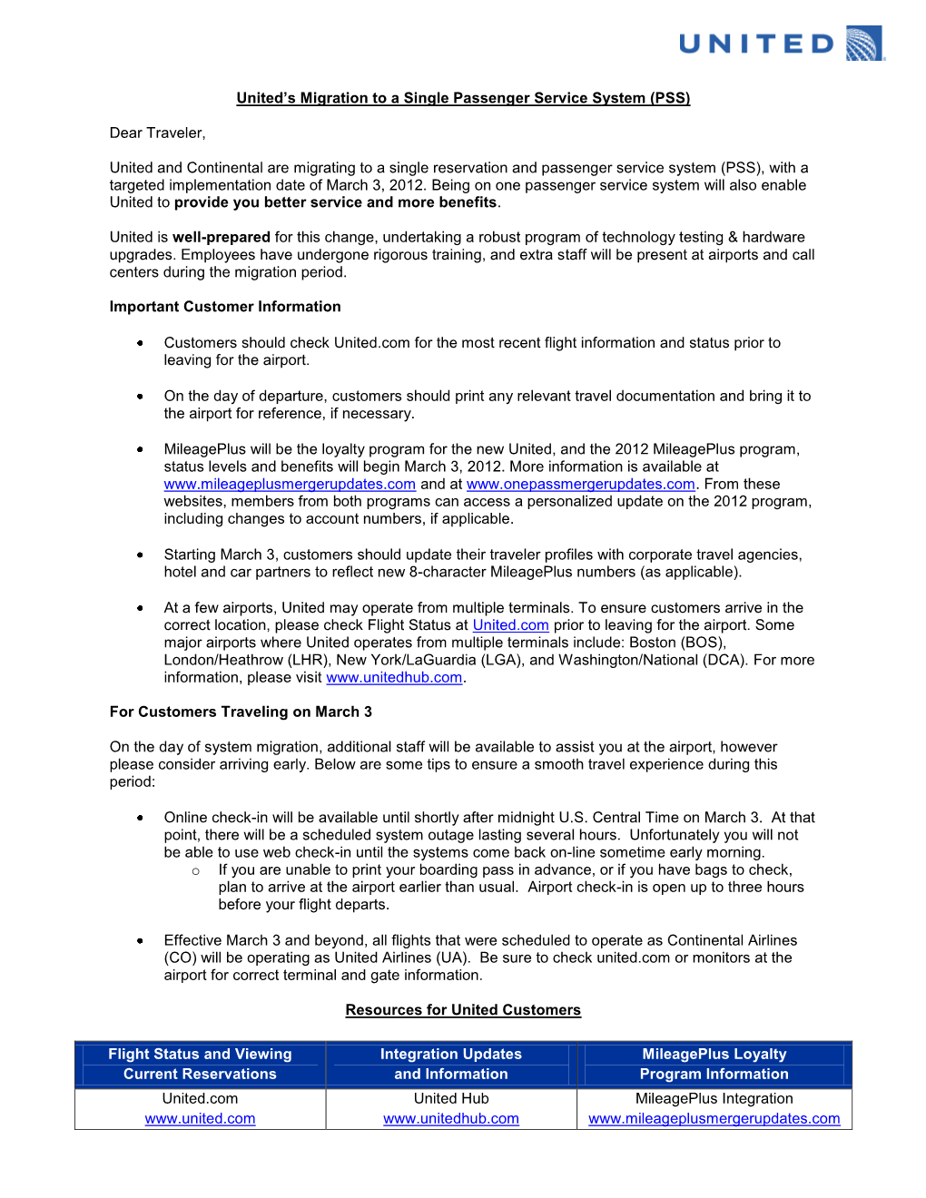 United's Migration to a Single Passenger Service System (PSS