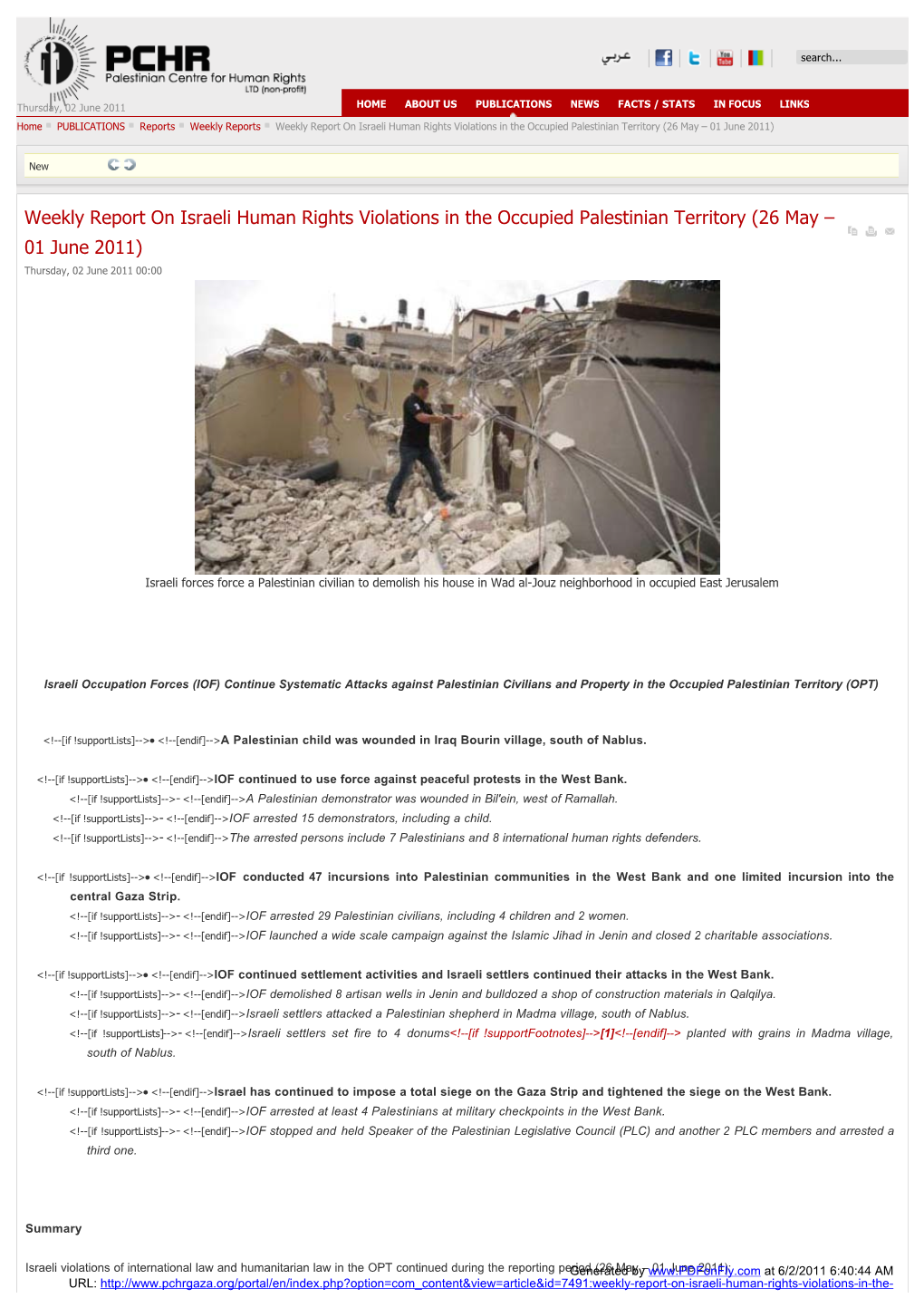 Weekly Report on Israeli Human Rights Violations in the Occupied Palestinian Territory (26 May – 01 June 2011)