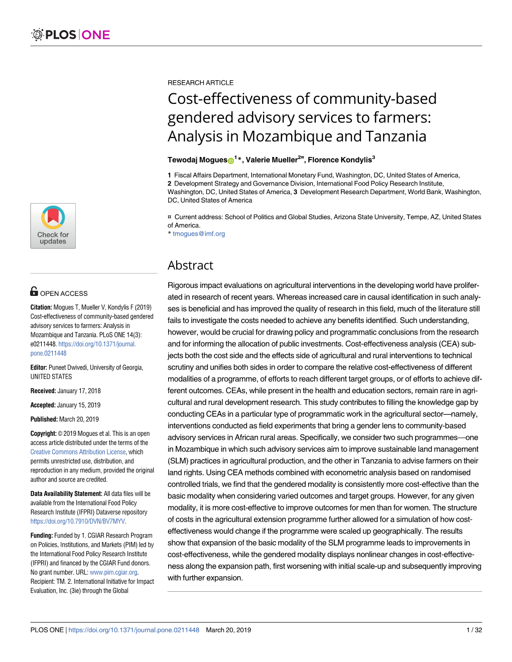 Cost-Effectiveness of Community-Based Gendered Advisory Services to Farmers: Analysis in Mozambique and Tanzania