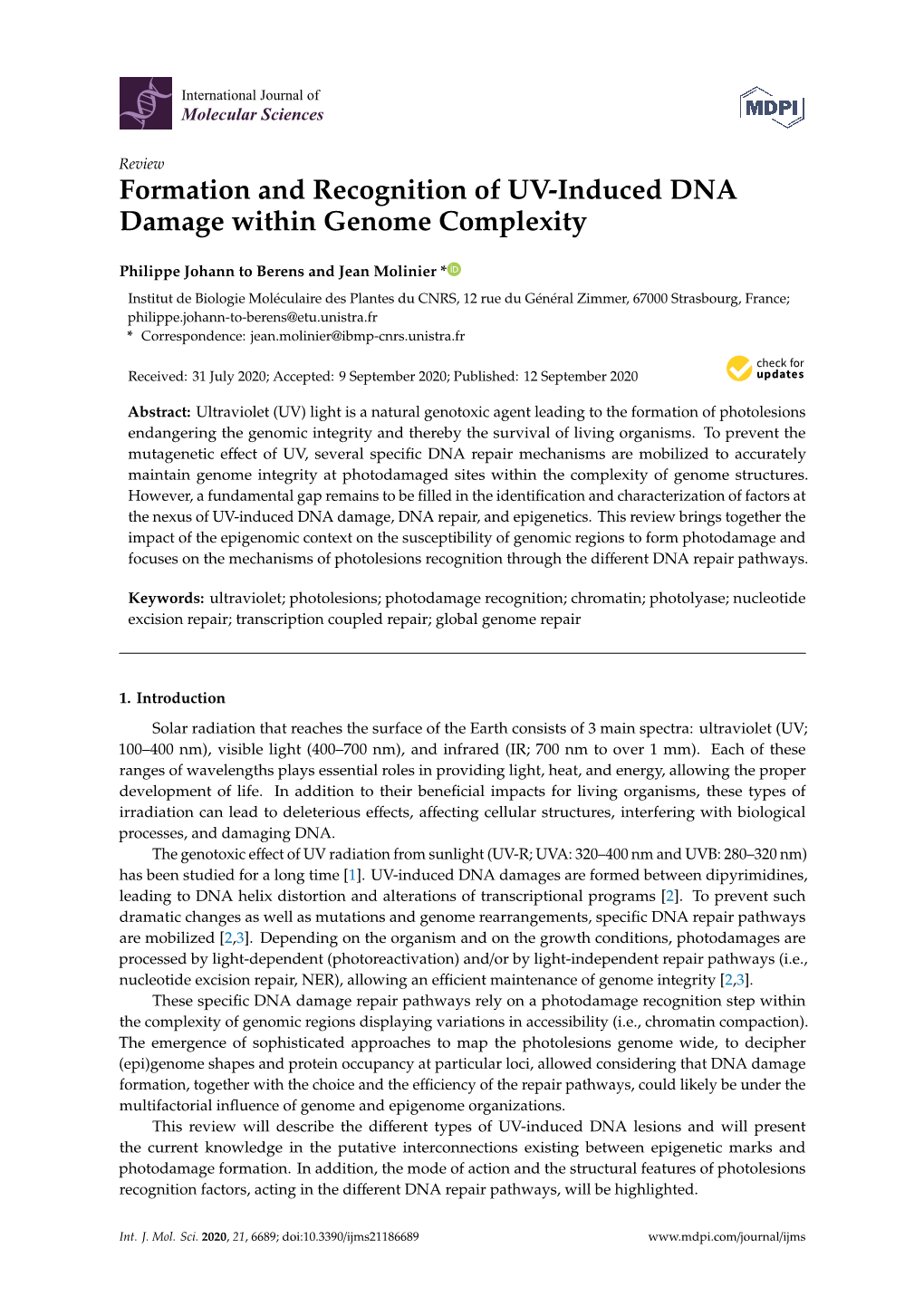 Formation and Recognition of UV-Induced DNA Damage Within Genome Complexity