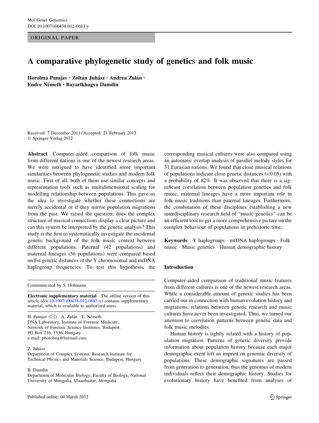 A Comparative Phylogenetic Study of Genetics and Folk Music