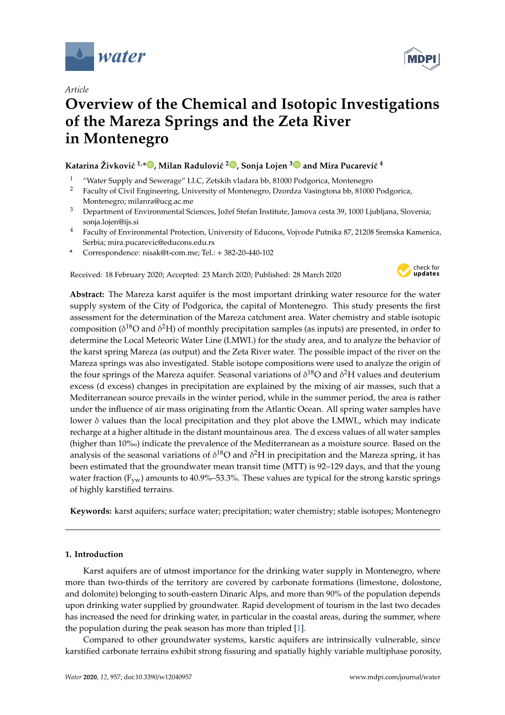 Overview of the Chemical and Isotopic Investigations of the Mareza Springs and the Zeta River in Montenegro