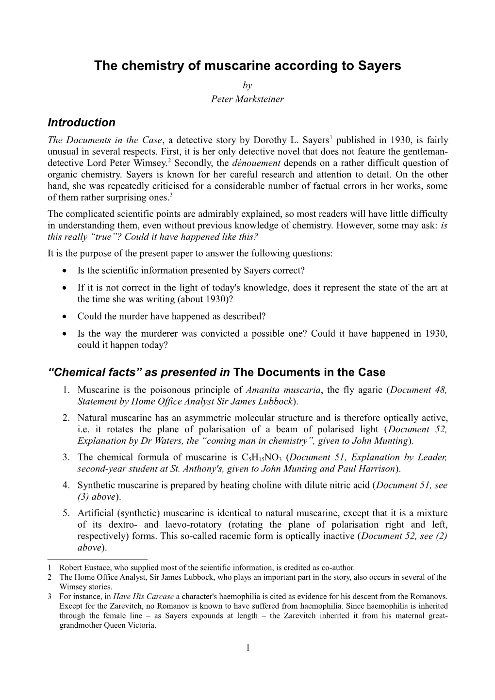 The Chemistry of Muscarine According to Sayers by Peter Marksteiner