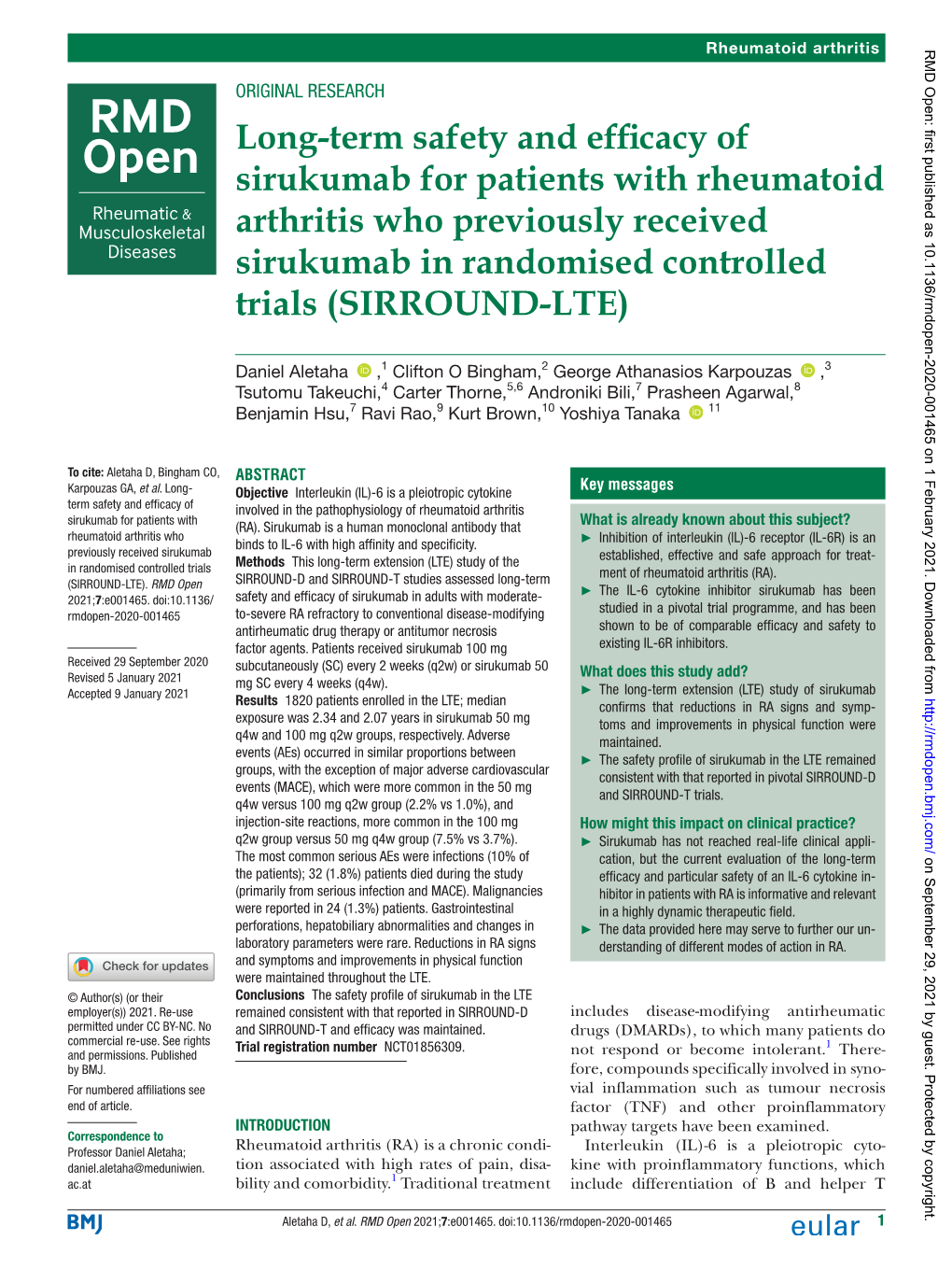 Long-Term Safety and Efficacy of Sirukumab for Patients with Rheumatoid Arthritis Who Previously Received Sirukumab in Randomise