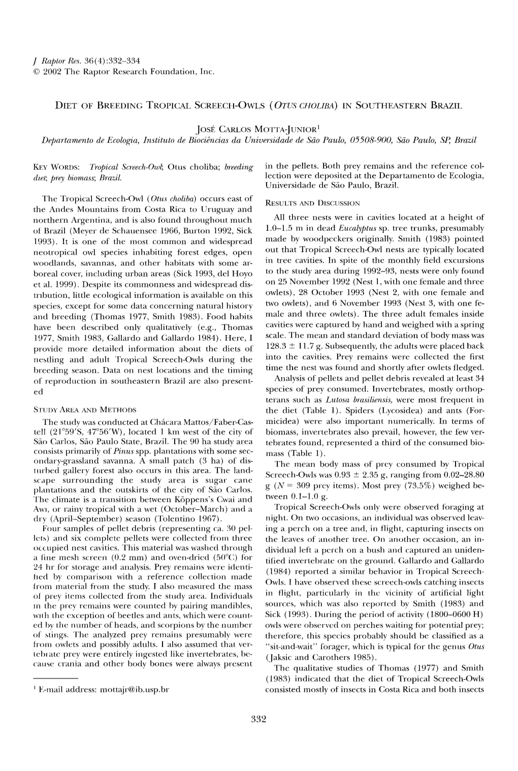 Diet of Breeding Tropical Screech&Hyphen;Owls &Lpar;&lt;I&gt;Otus