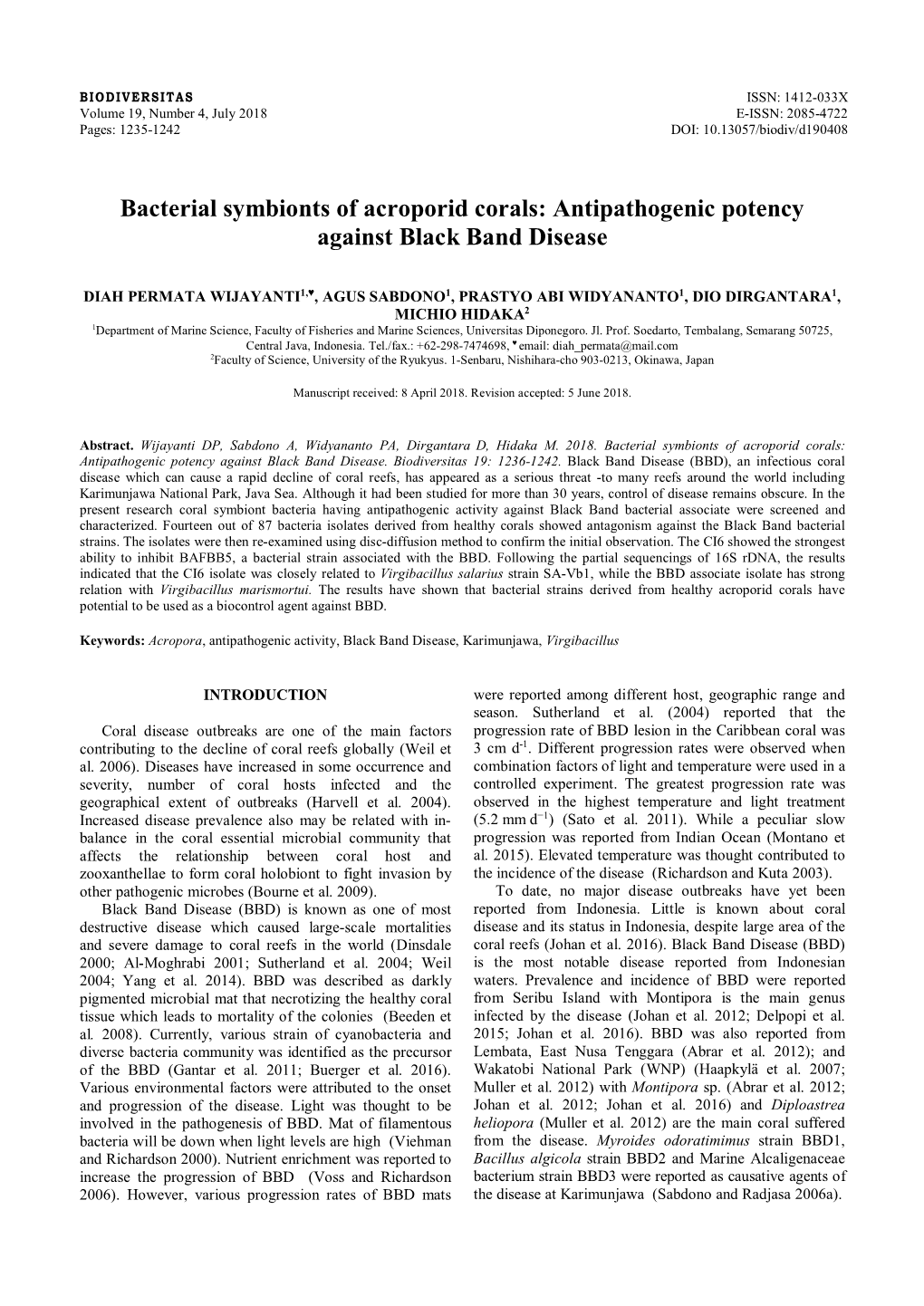 Bacterial Symbionts of Acroporid Corals: Antipathogenic Potency Against Black Band Disease