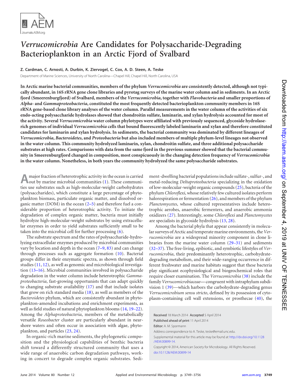 Verrucomicrobia Are Candidates for Polysaccharide-Degrading Bacterioplankton in an Arctic Fjord of Svalbard