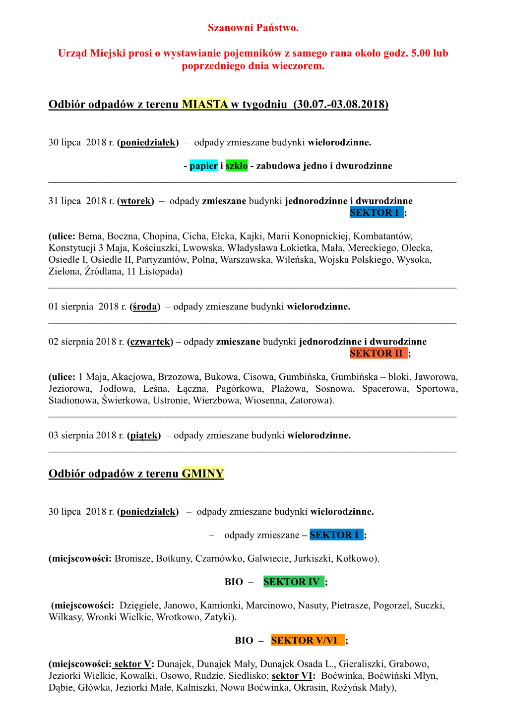 (30.07.-03.08.2018) Odbiór Odpadów Z Terenu GMINY