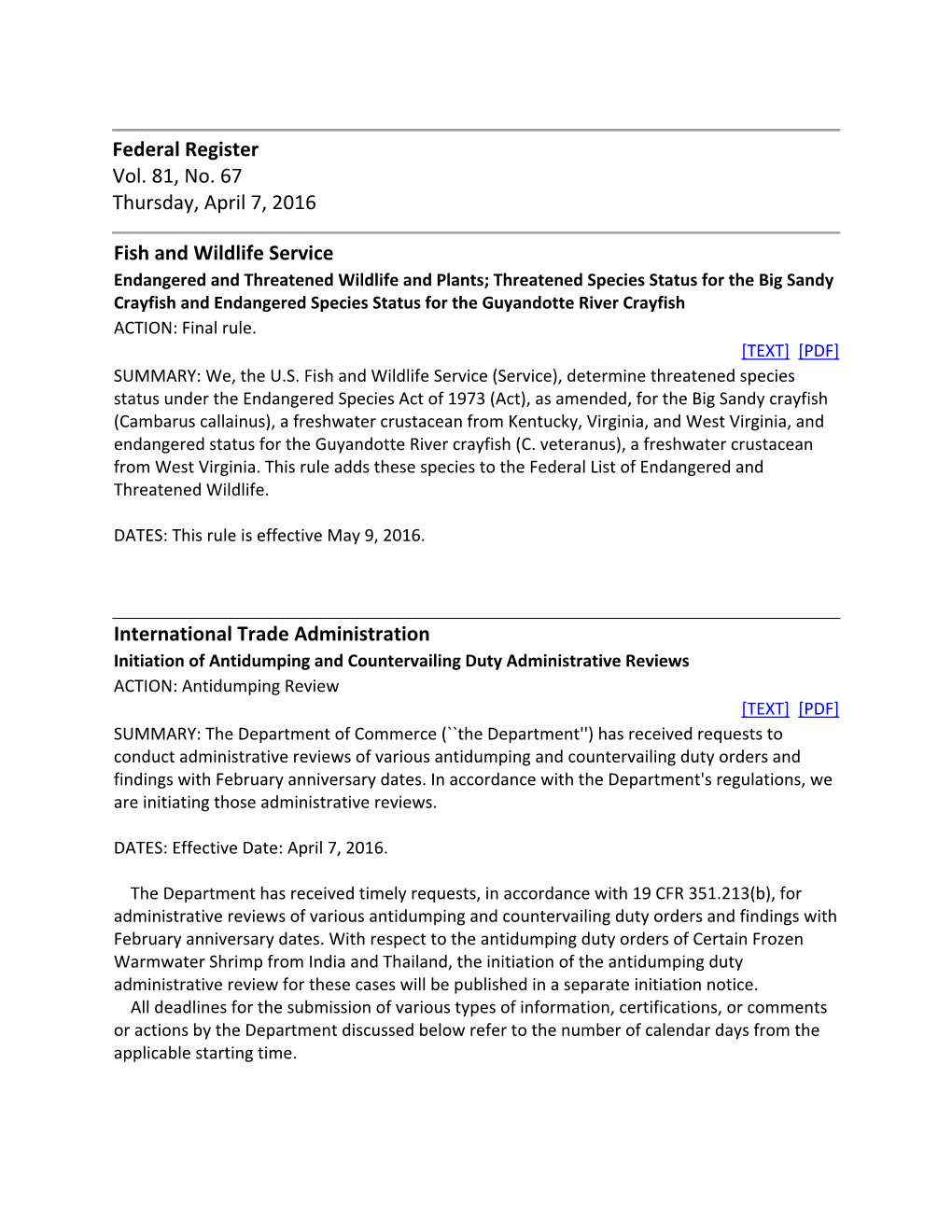 Federal Register Vol. 81, No. 67 Thursday, April 7, 2016 Fish And