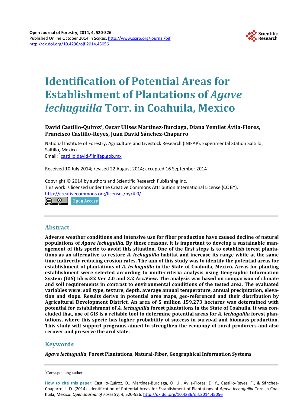 Identification of Potential Areas for Establishment of Plantations of Agave Lechuguilla Torr
