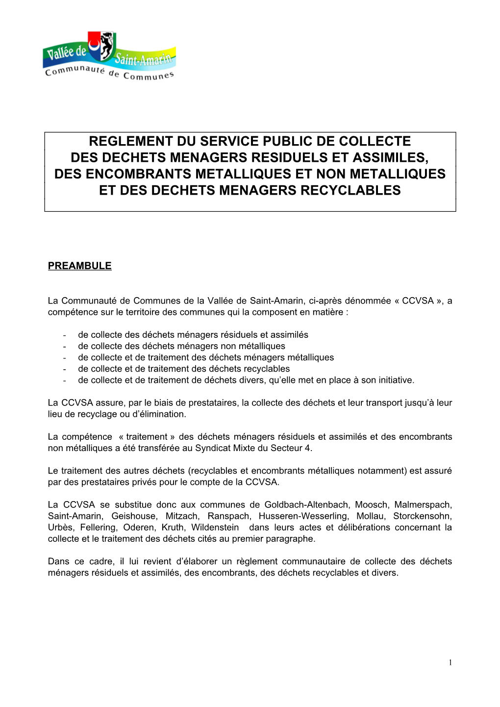 Reglement Du Service Public De Collecte Des Dechets