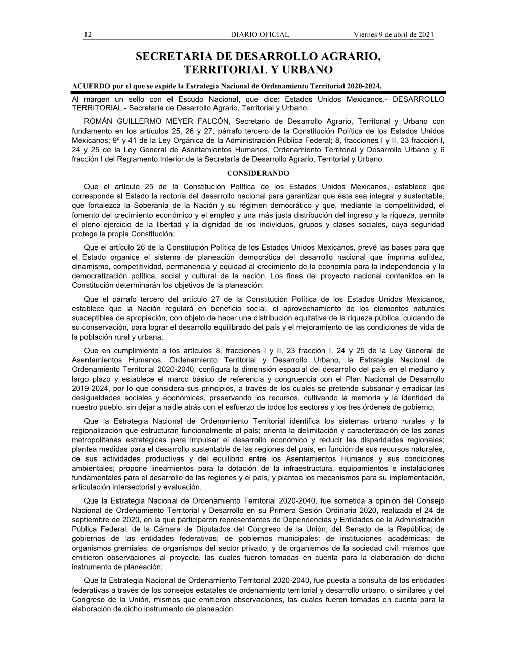 SECRETARIA DE DESARROLLO AGRARIO, TERRITORIAL Y URBANO ACUERDO Por El Que Se Expide La Estrategia Nacional De Ordenamiento Territorial 2020-2024