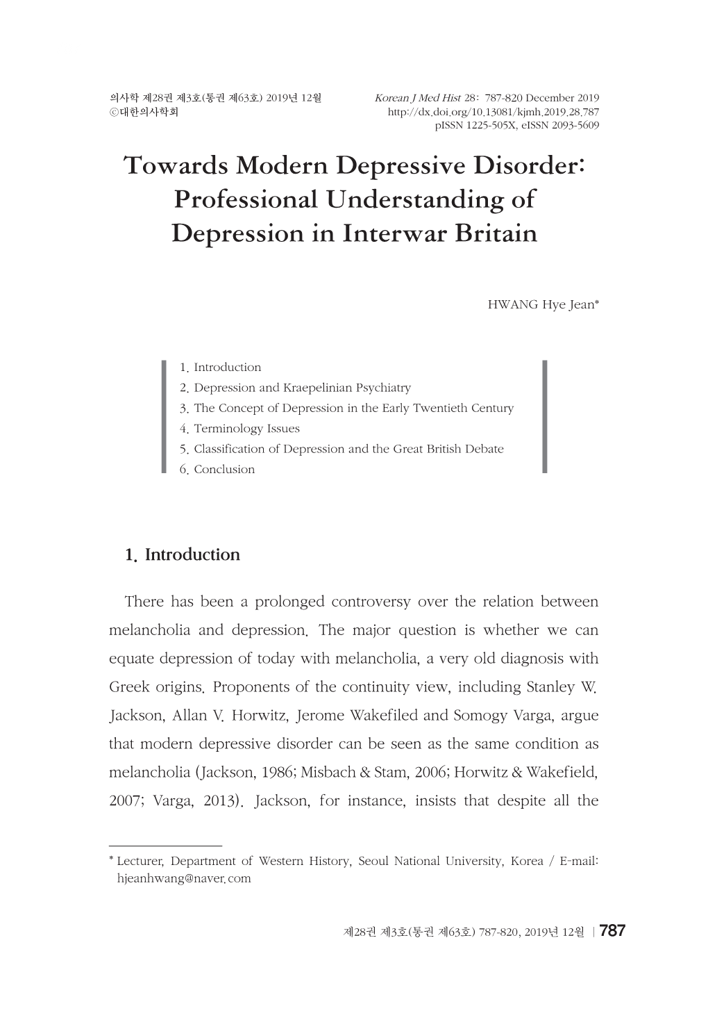 Towards Modern Depressive Disorder: Professional Understanding of Depression in Interwar Britain