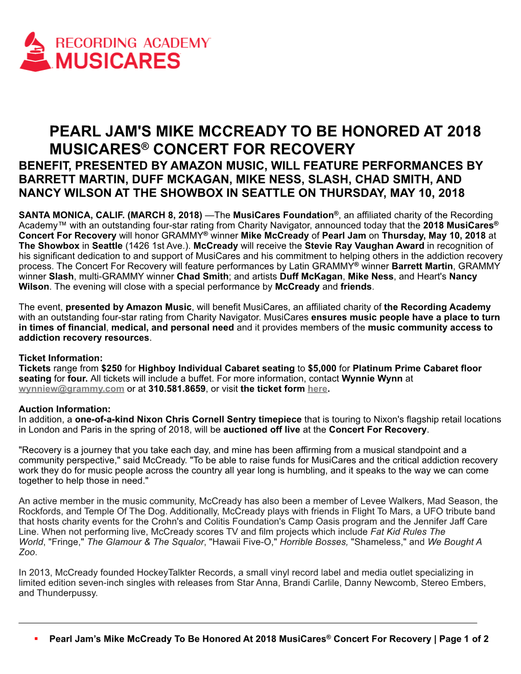 Pearl Jam's Mike Mccready to Be Honored at 2018