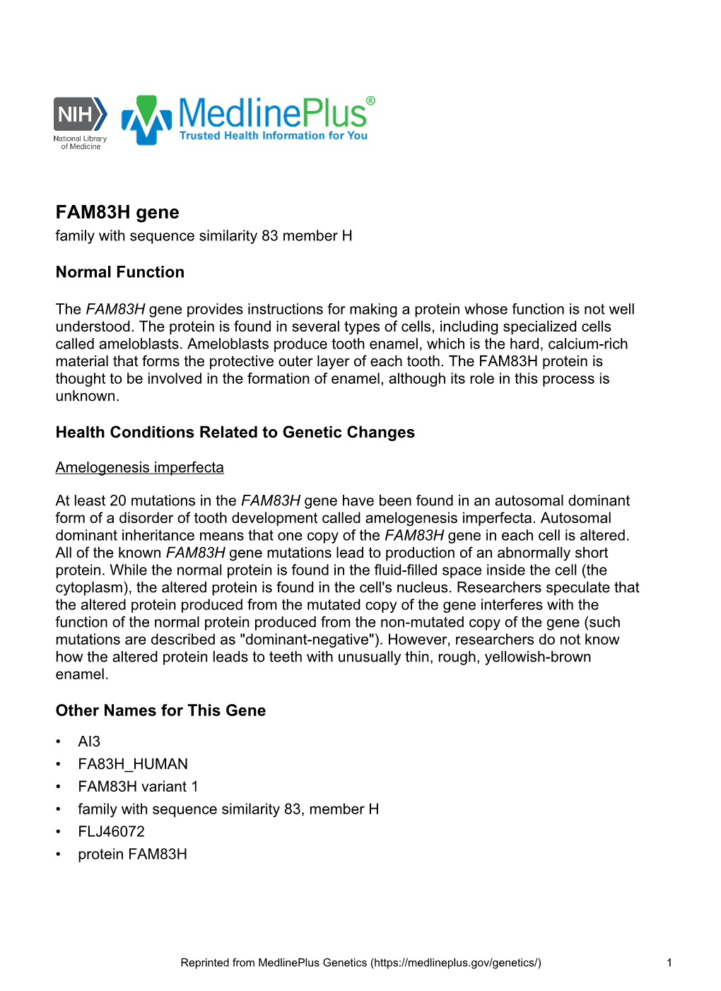 FAM83H Gene Family with Sequence Similarity 83 Member H