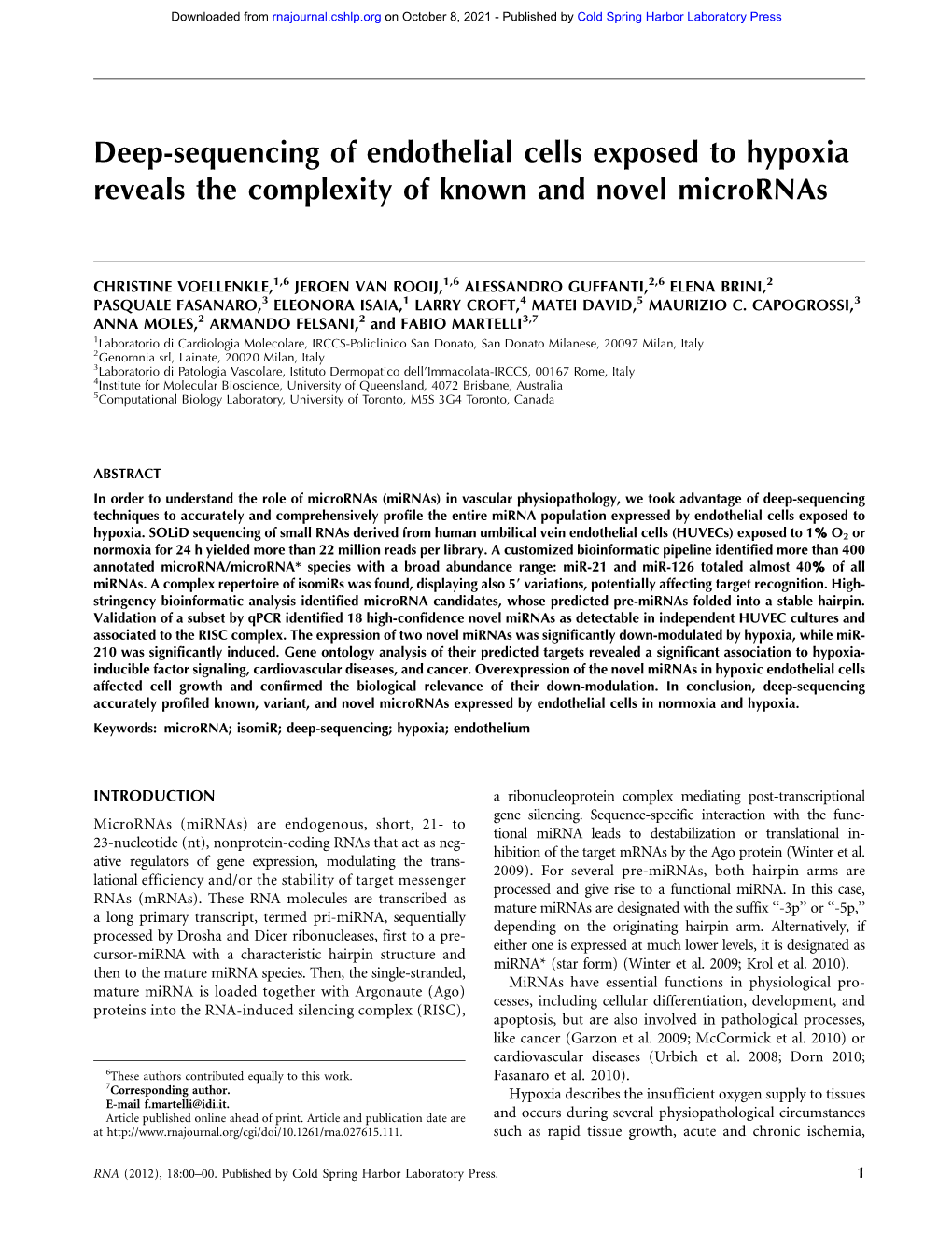 Deep-Sequencing of Endothelial Cells Exposed to Hypoxia Reveals the Complexity of Known and Novel Micrornas