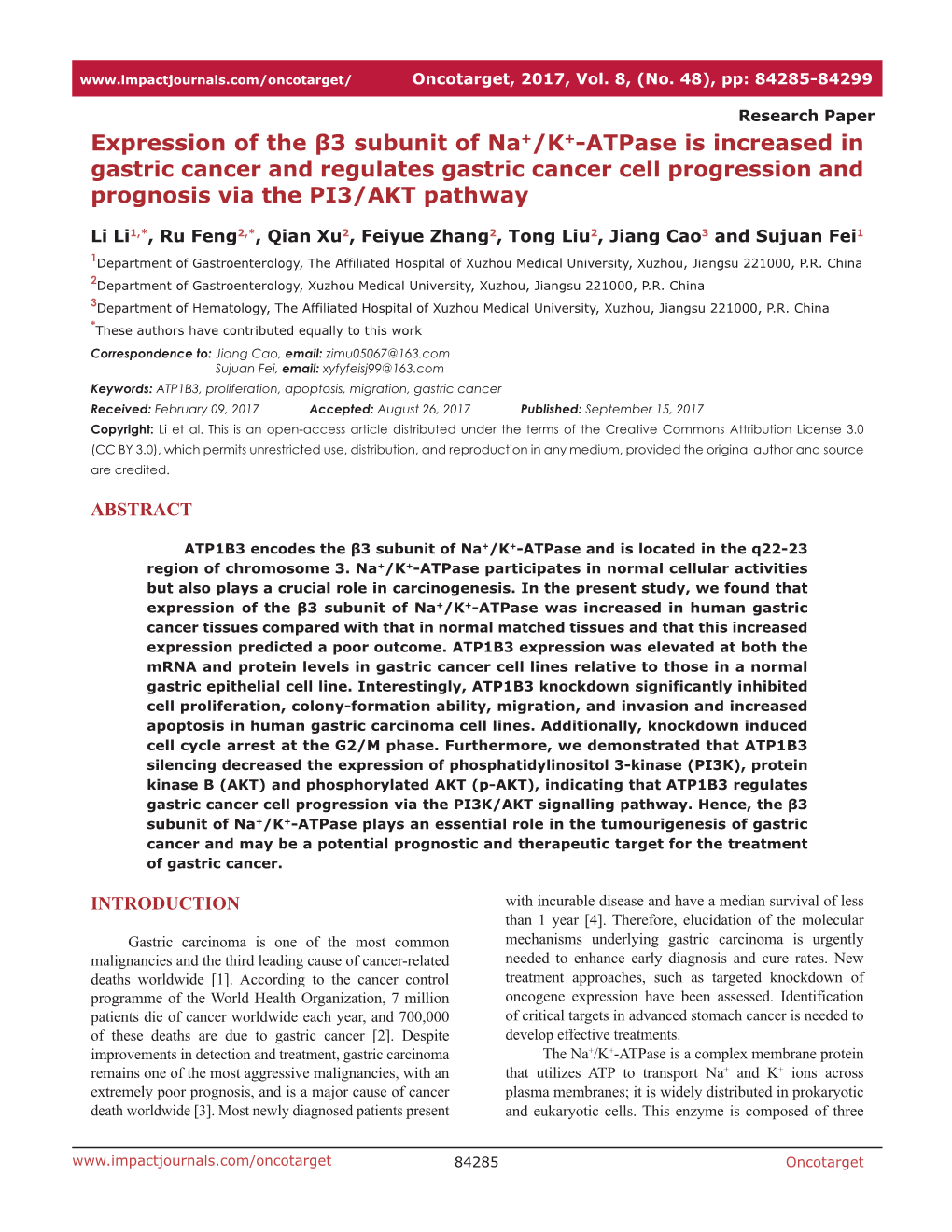 Expression of the Β3 Subunit of Na+/K+-Atpase Is Increased in Gastric Cancer and Regulates Gastric Cancer Cell Progression and Prognosis Via the PI3/AKT Pathway