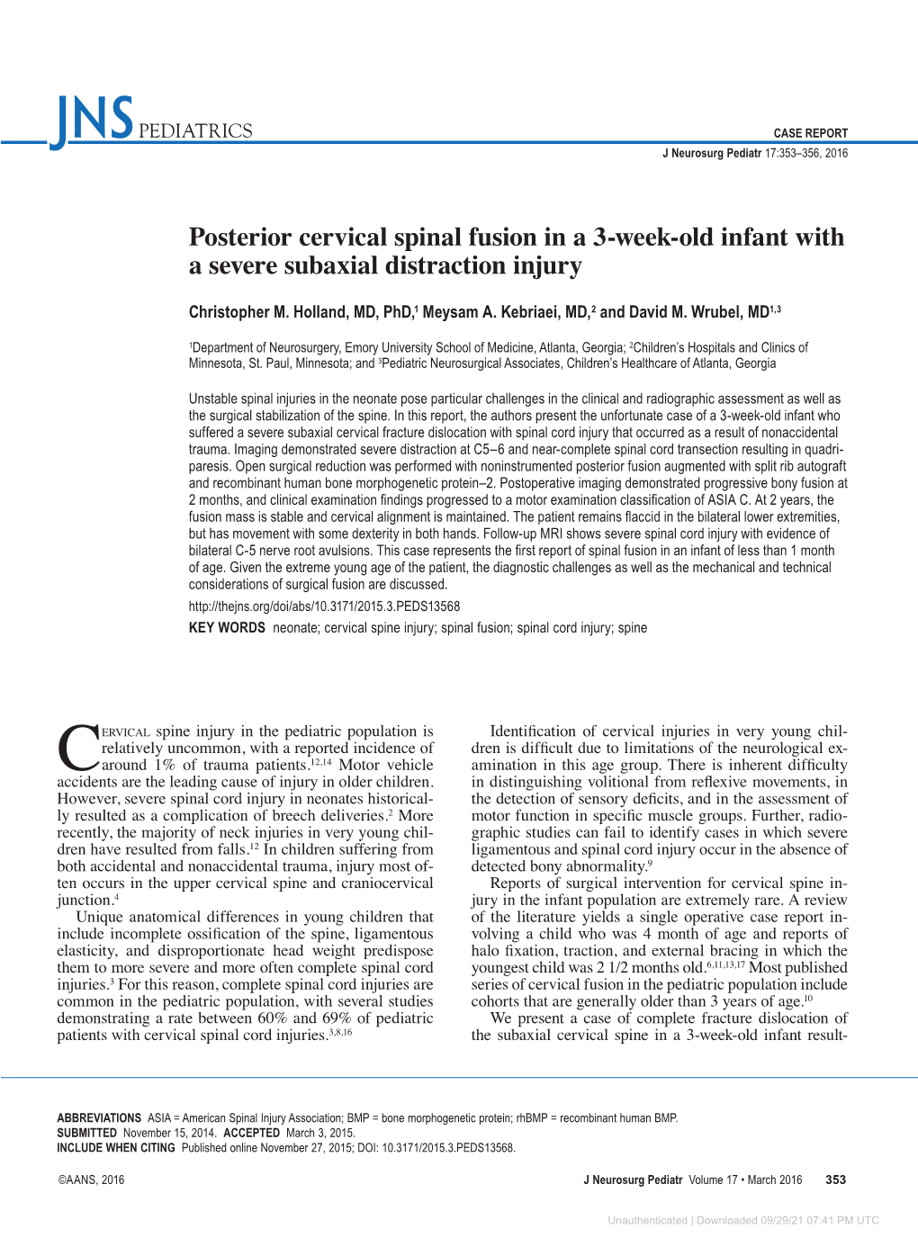 Posterior Cervical Spinal Fusion in a 3-Week-Old Infant with a Severe Subaxial Distraction Injury