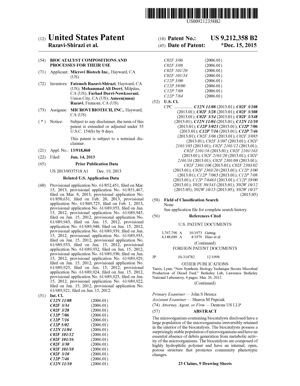 (12) United States Patent (10) Patent No.: US 9.212,358 B2 Razavi-Shirazi Et Al