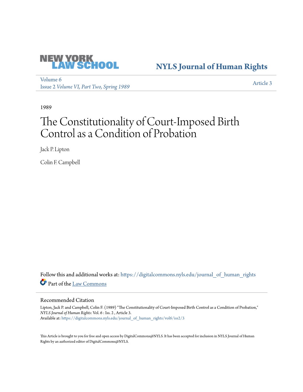 The Constitutionality of Court-Imposed Birth Control As a Condition of Probation*