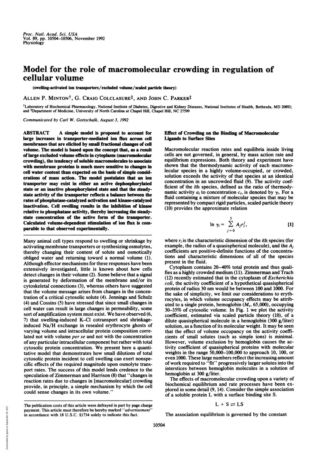 Cellular Volume (Swelling-Activated Ion Transporters/Exduded Volume/Scaled Particle Theory) ALLEN P