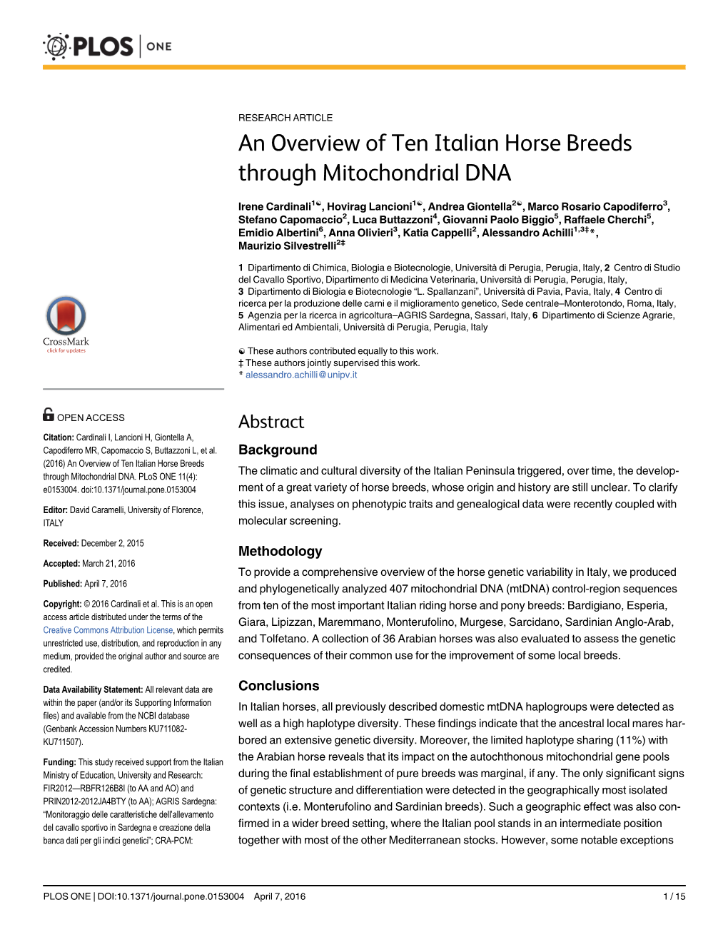 An Overview of Ten Italian Horse Breeds Through Mitochondrial DNA