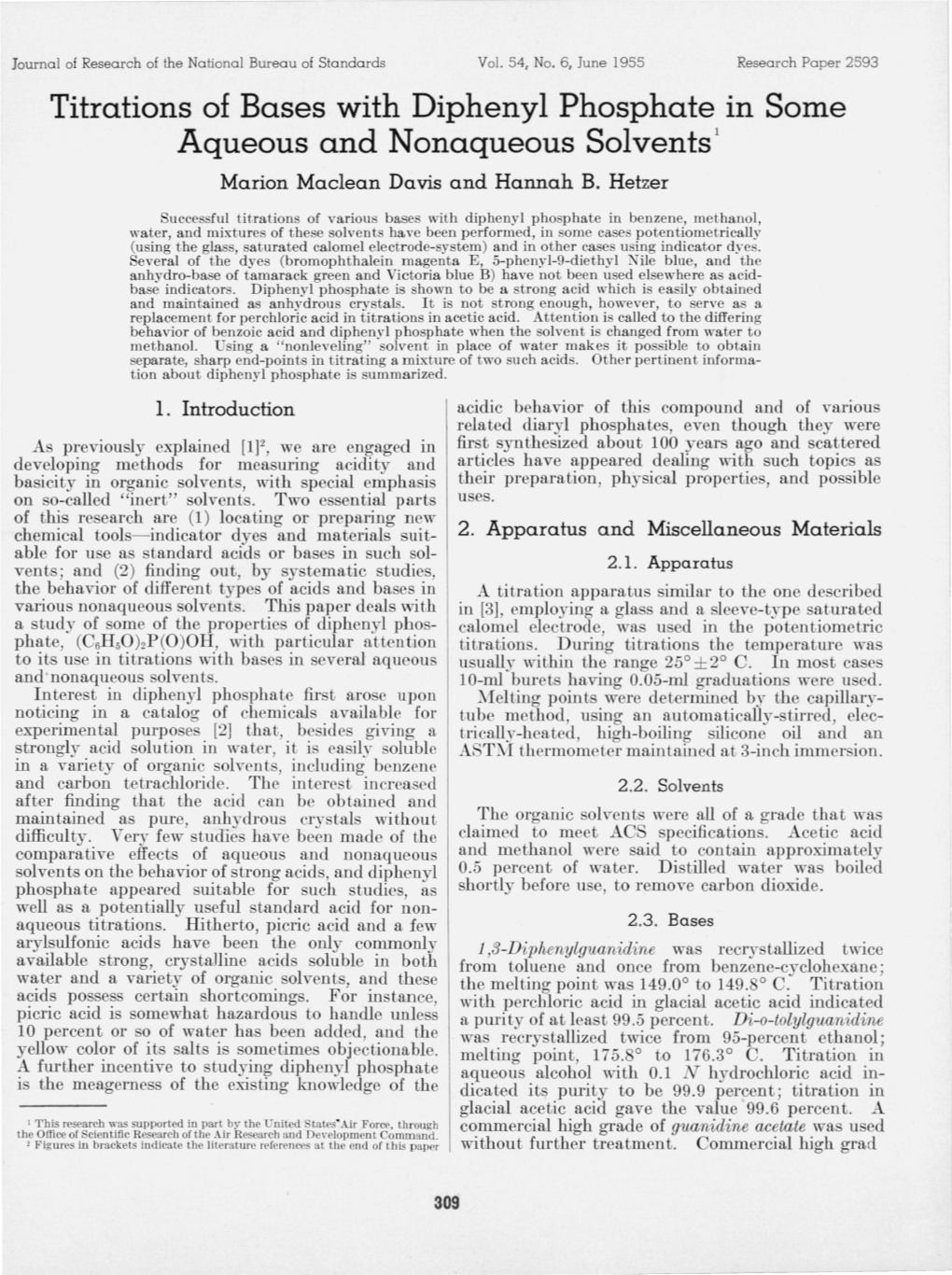 Titrations of Bases with Diphenyl Phosphate in Some Aqueous and Nonaqueous Solvents! Marion Maclean Davis and Hannah B