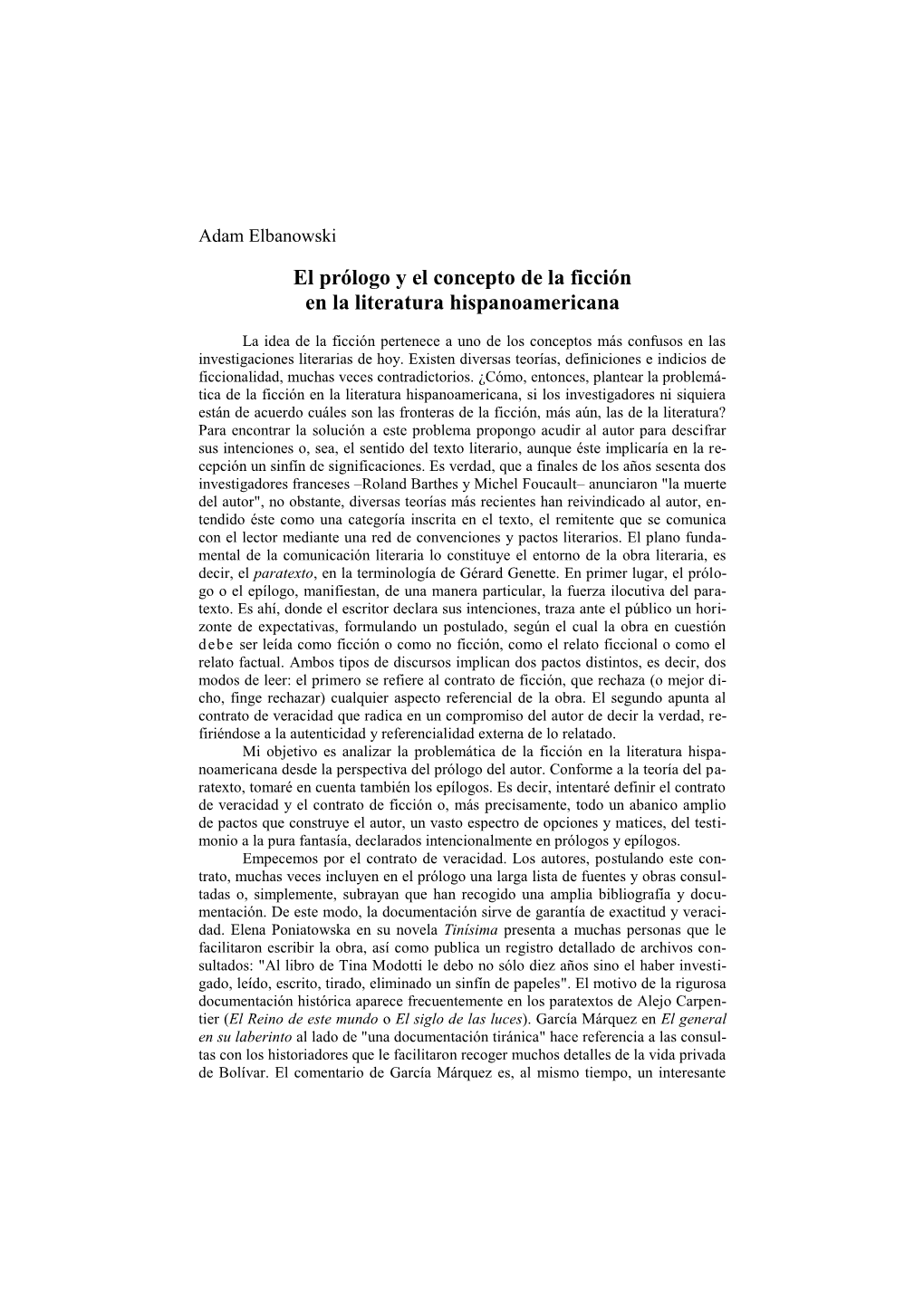 El Prólogo Y El Concepto De La Ficción En La Literatura Hispanoamericana