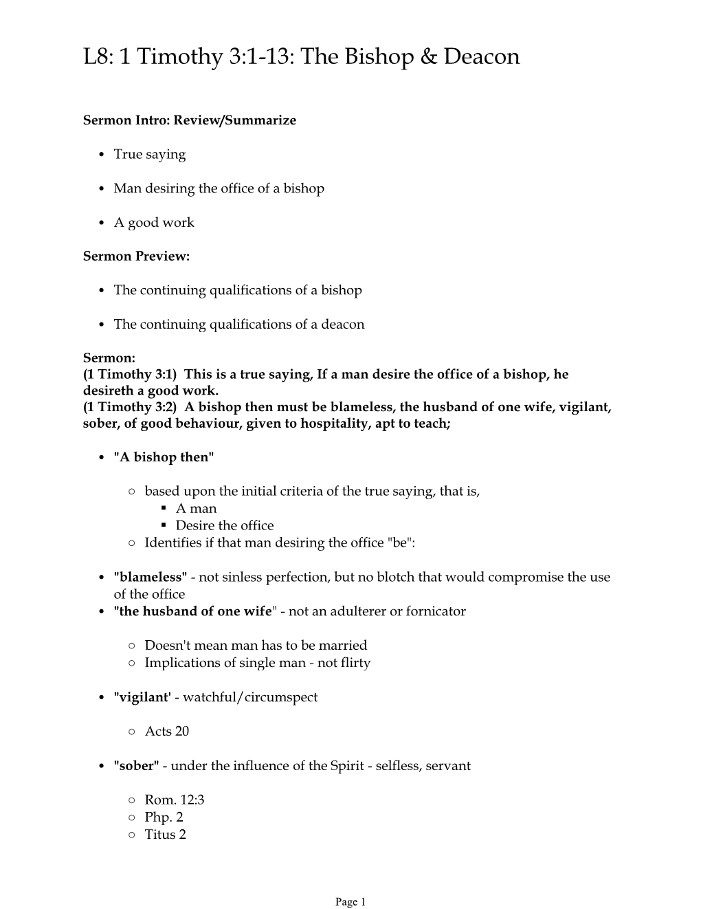 L8: 1 Timothy 3:1-13: the Bishop & Deacon