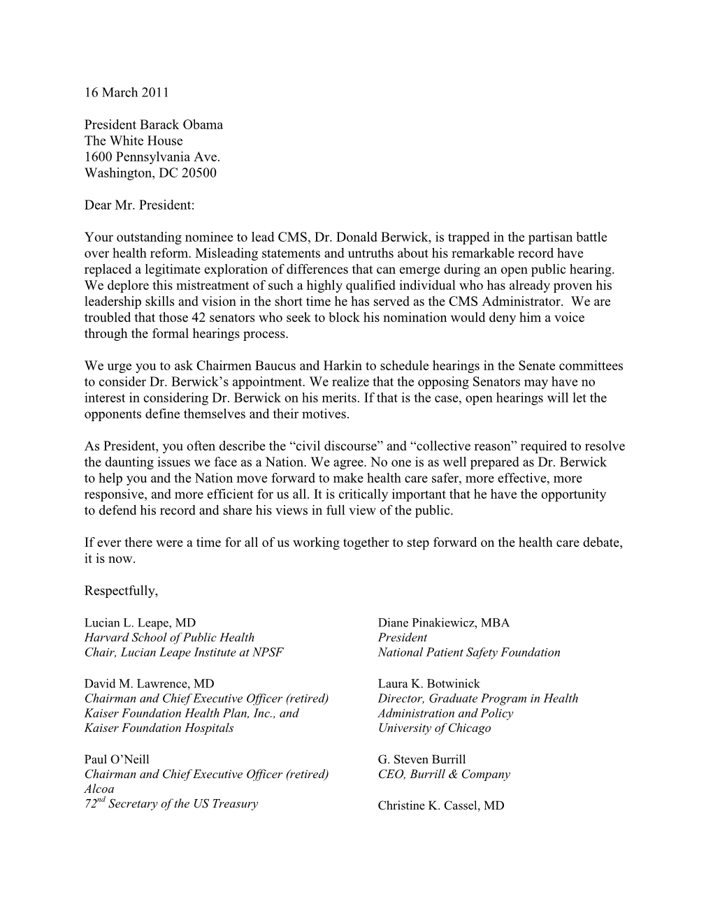 Letter to President Barack Obama Regarding the Nominee to Lead