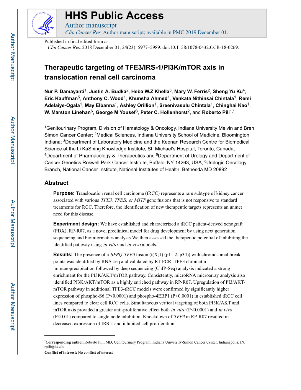 Therapeutic Targeting of TFE3/IRS-1/PI3K/Mtor Axis in Translocation Renal Cell Carcinoma