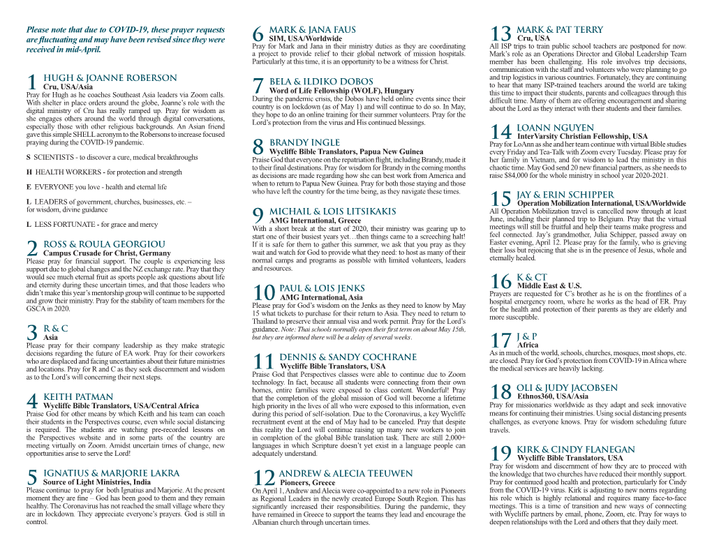 Please Note That Due to COVID-19, These Prayer Requests Are Fluctuating and May Have Been Revised Since They Were Received in Mi