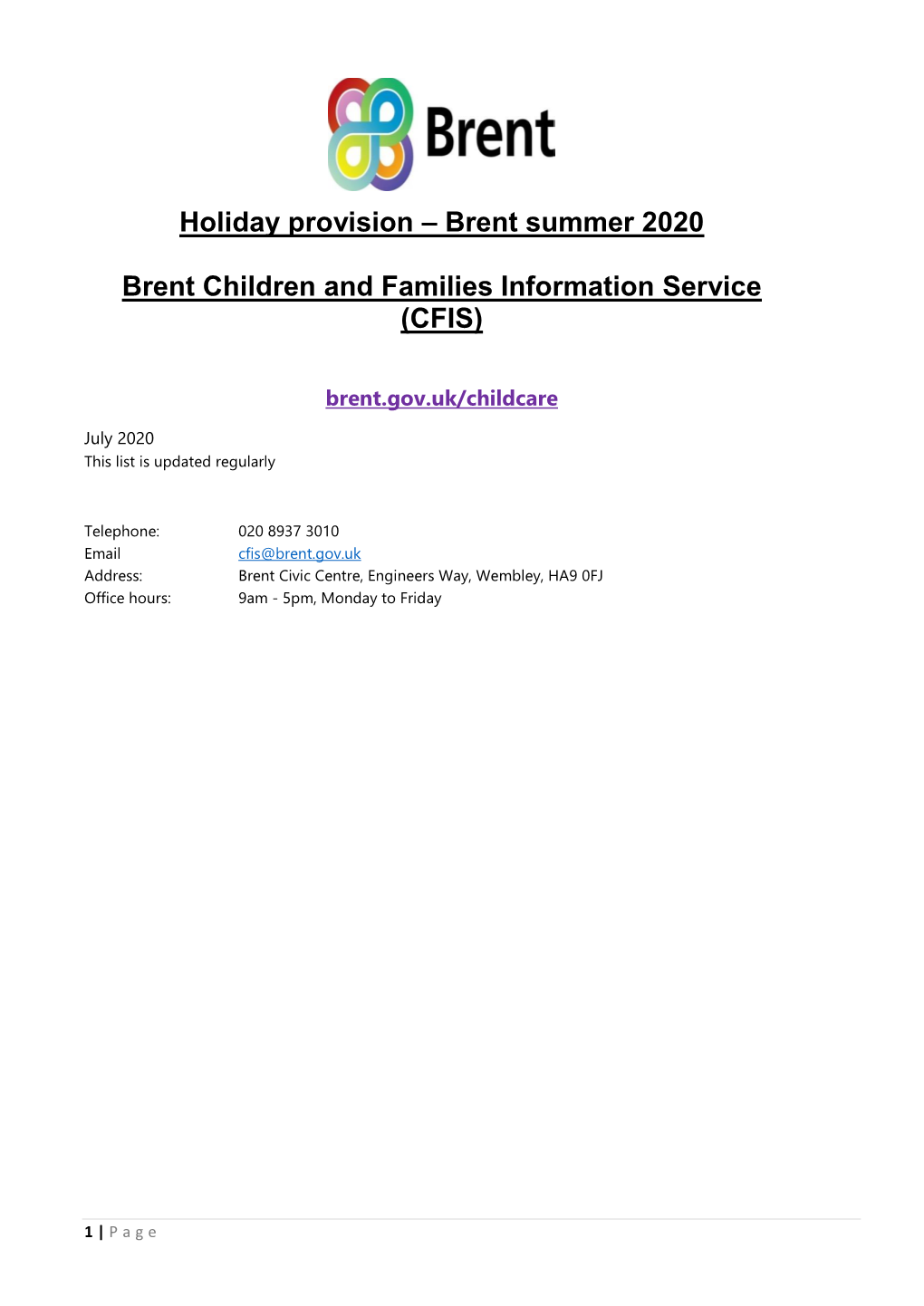 Brent Summer 2020 Brent Children and Families Information Service