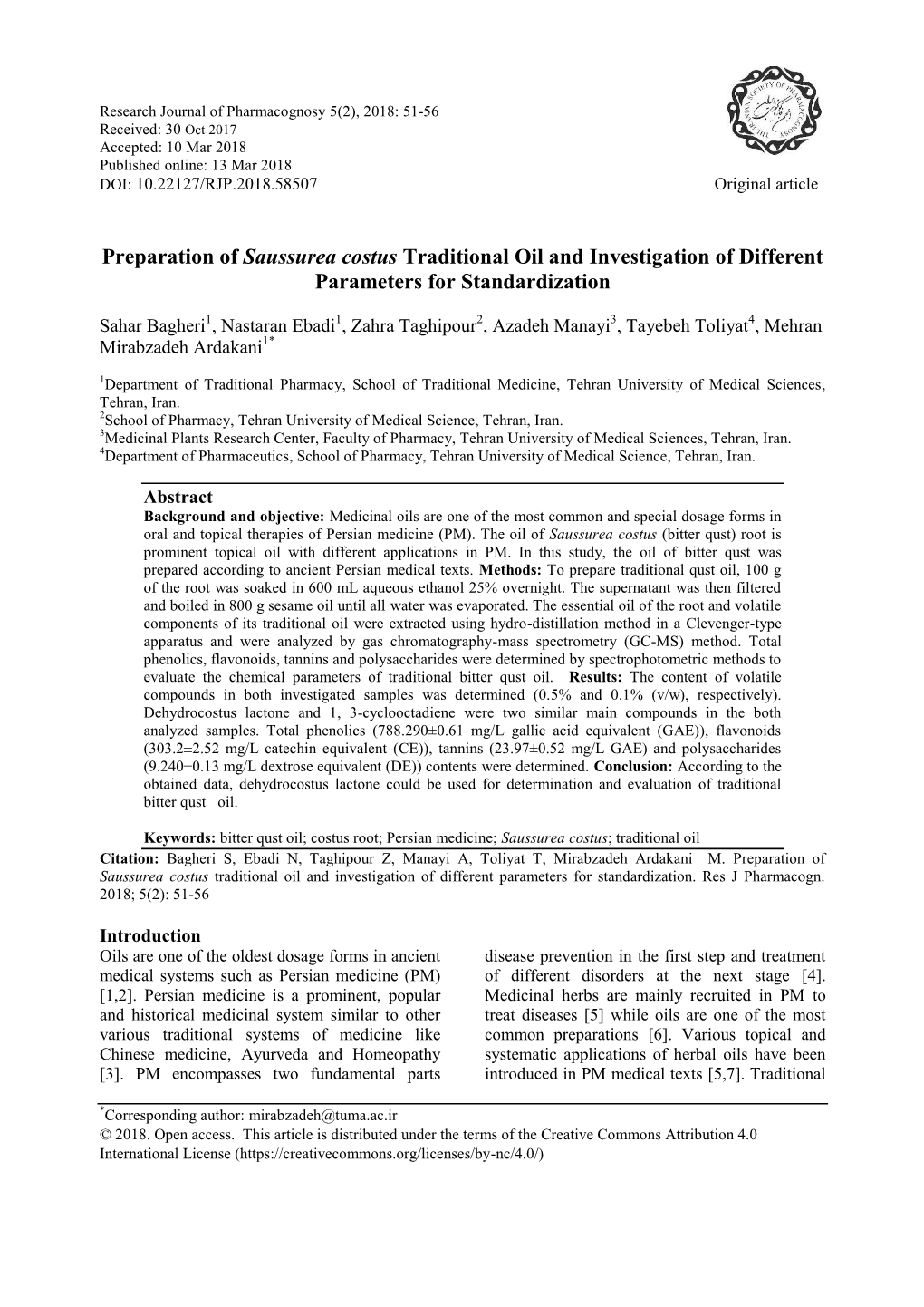 Preparation of Saussurea Costus Traditional Oil and Investigation of Different Parameters for Standardization