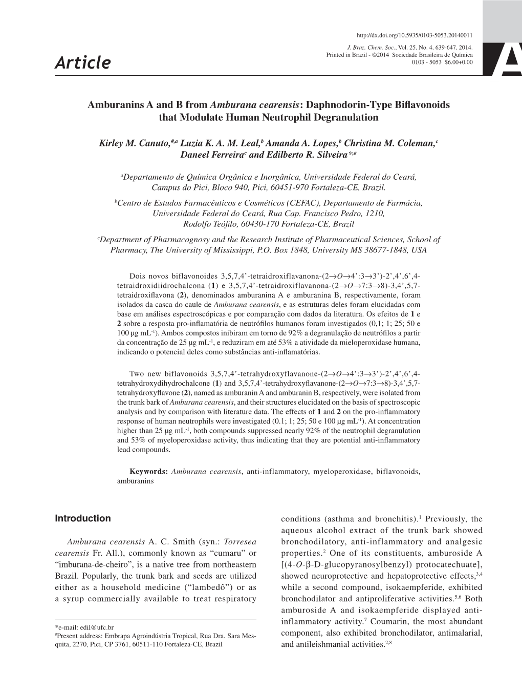 Amburanins a and B from Amburana Cearensis: Daphnodorin-Type Biflavonoids That Modulate Human Neutrophil Degranulation