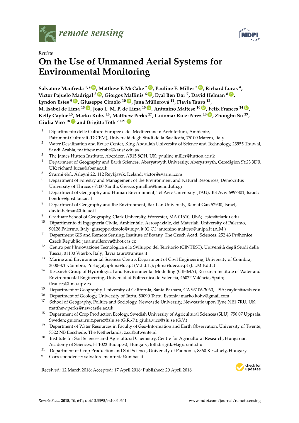 On the Use of Unmanned Aerial Systems for Environmental Monitoring