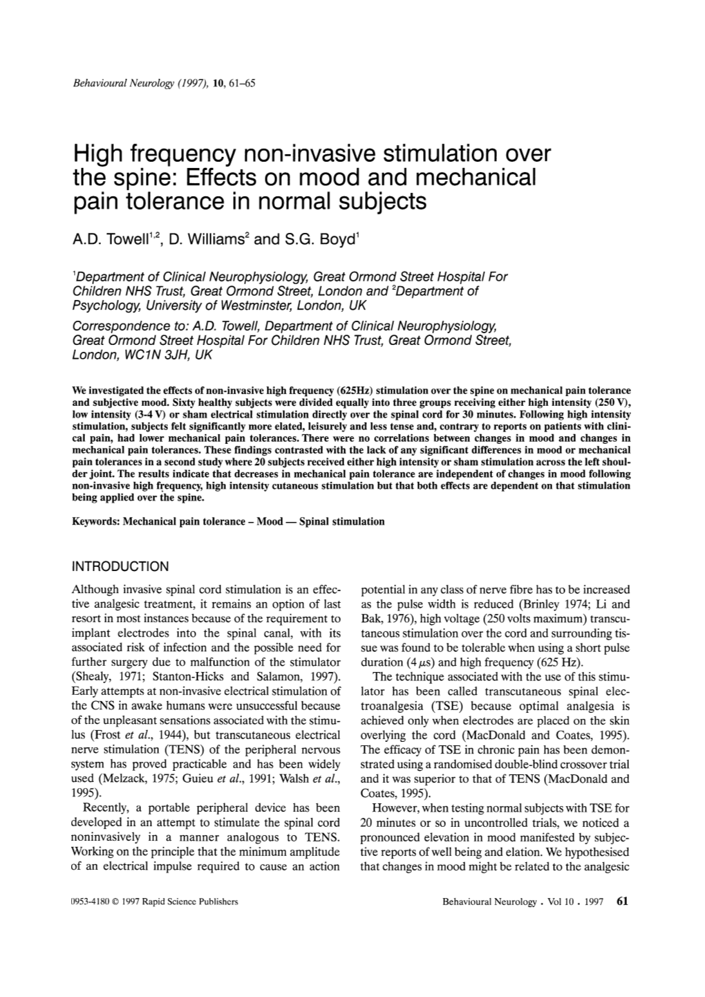 Effects on Mood and Mechanical Pain Tolerance in Normal Subjects