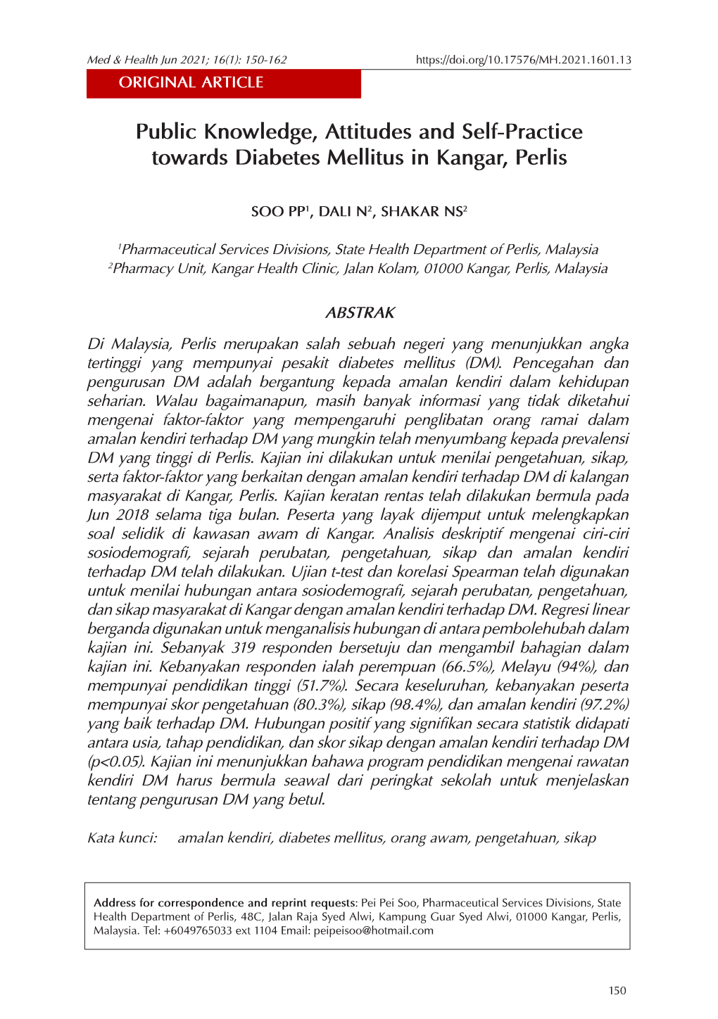 Public Knowledge, Attitudes and Self-Practice Towards Diabetes Mellitus in Kangar, Perlis