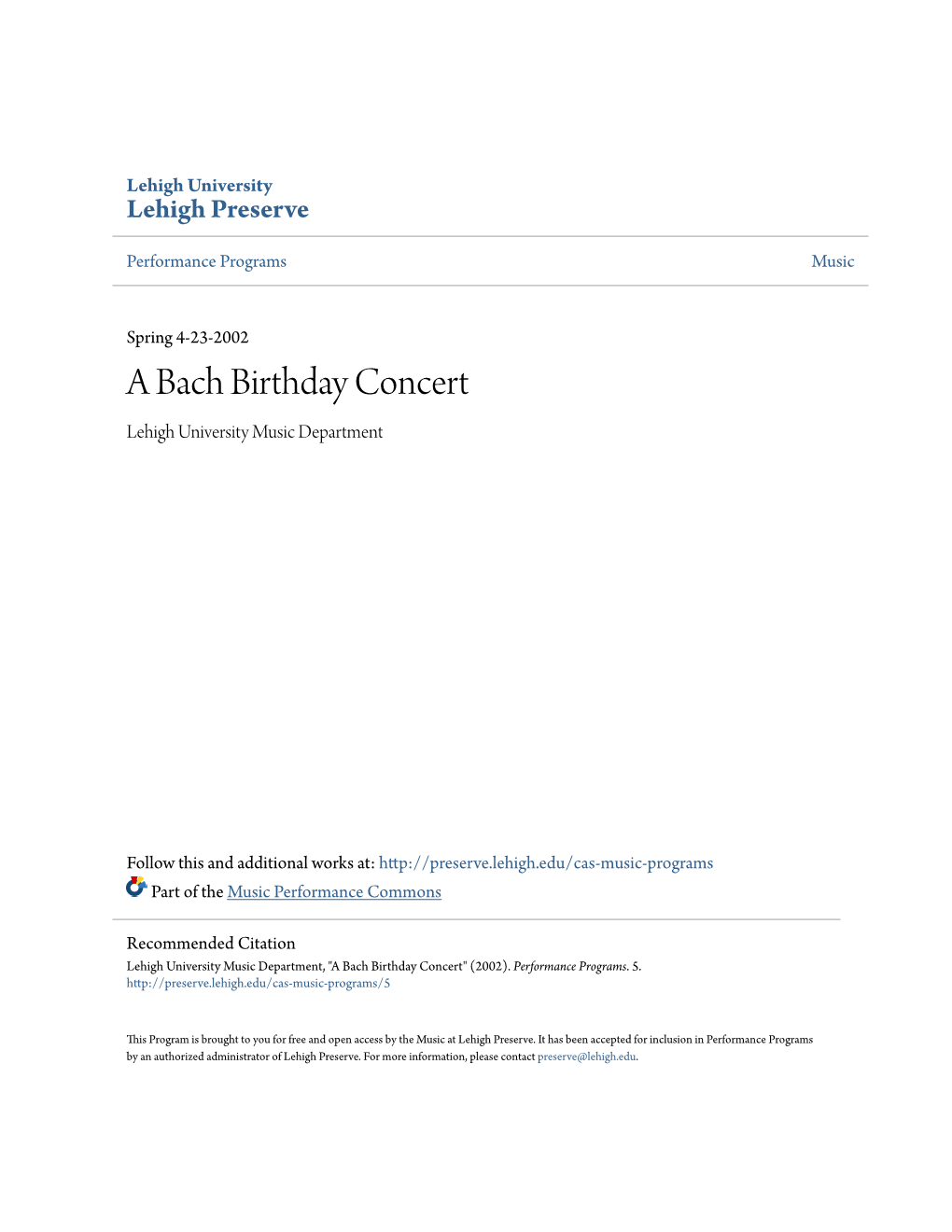 A Bach Birthday Concert Lehigh University Music Department