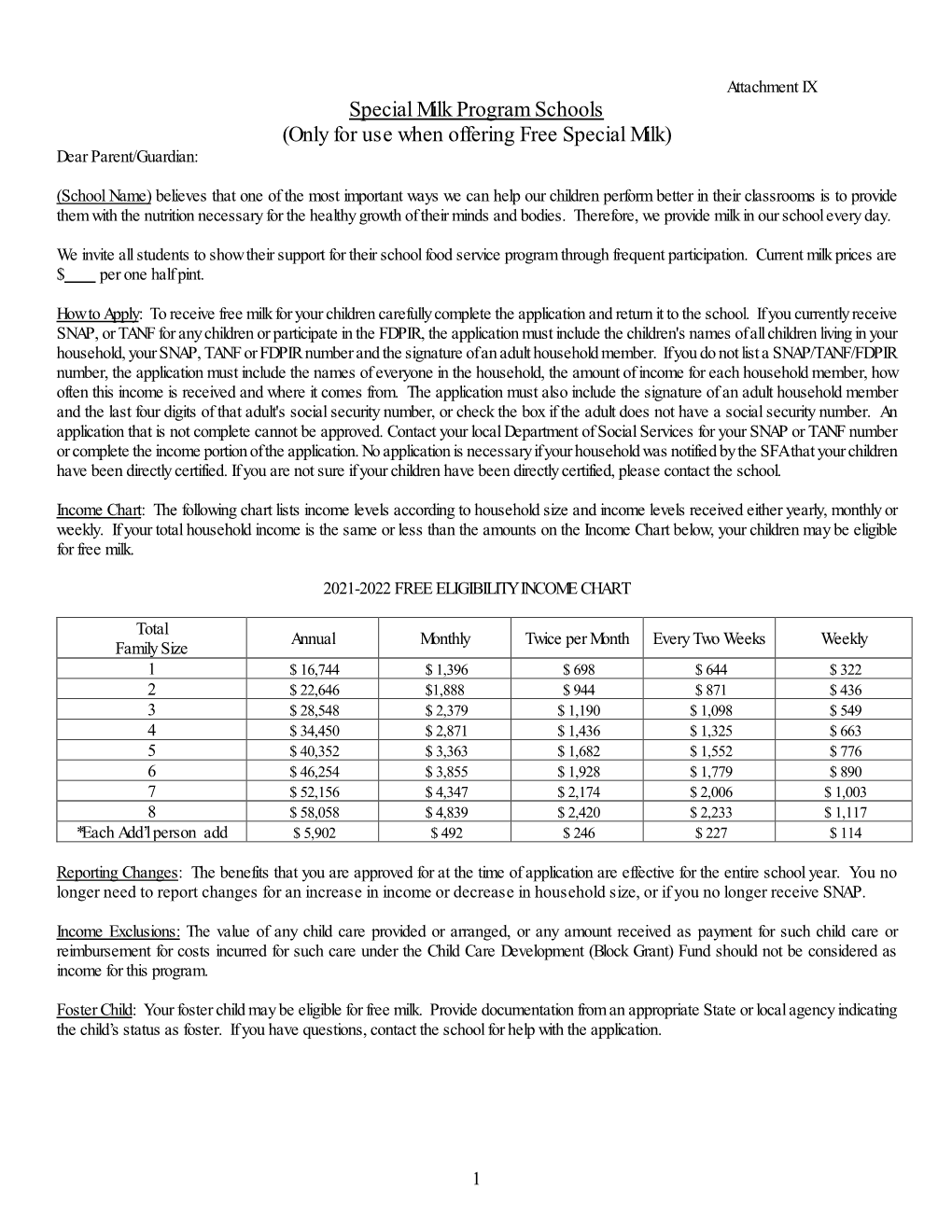 Special Milk Program Schools (Only for Use When Offering Free Special Milk) Dear Parent/Guardian