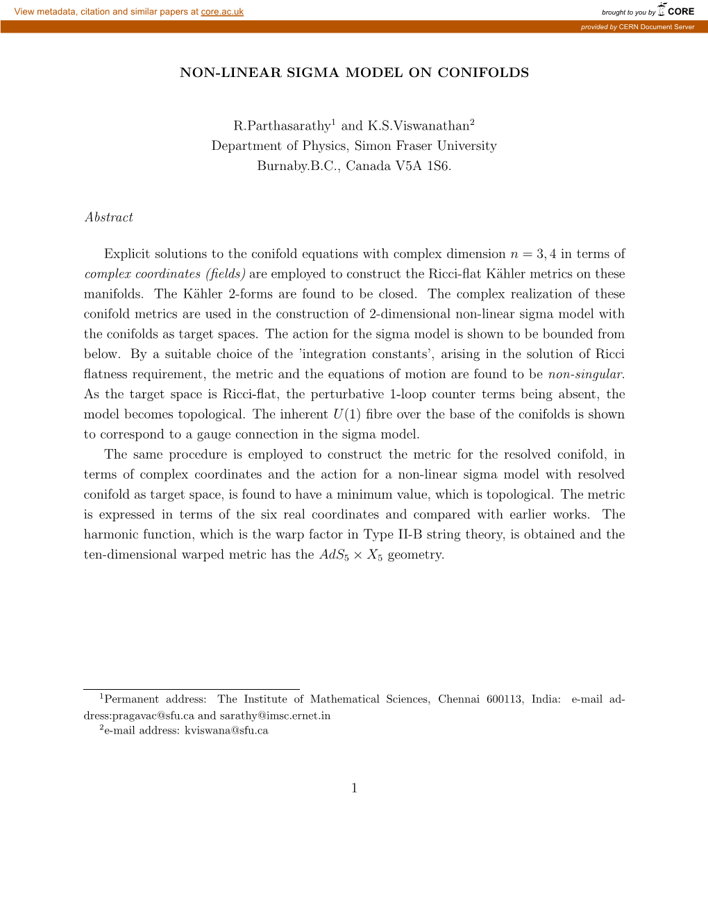 NON-LINEAR SIGMA MODEL on CONIFOLDS R.Parthasarathy And