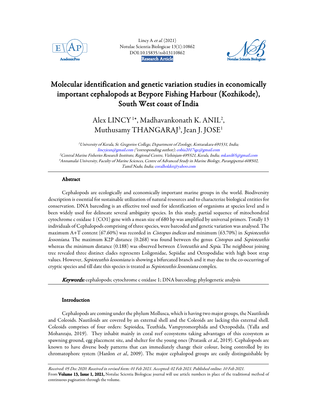 Molecular Identification and Genetic Variation Studies in Economically Important Cephalopods at Beypore Fishing Harbour (Kozhikode), South West Coast of India