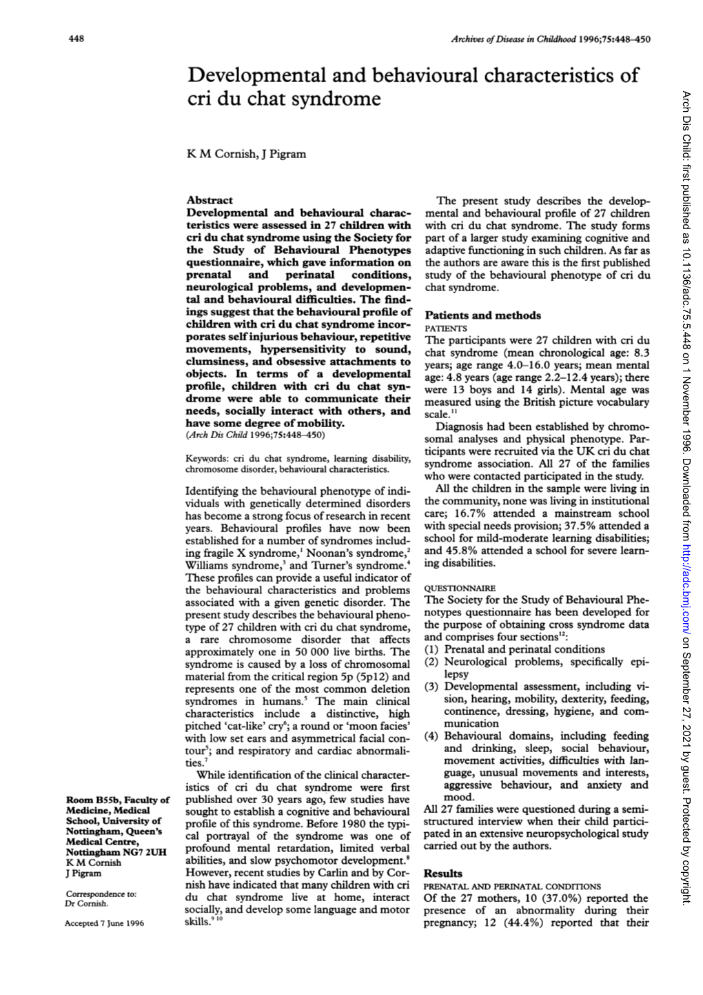 Developmental and Behavioural Characteristics of Cri Du Chat Syndrome Arch Dis Child: First Published As 10.1136/Adc.75.5.448 on 1 November 1996