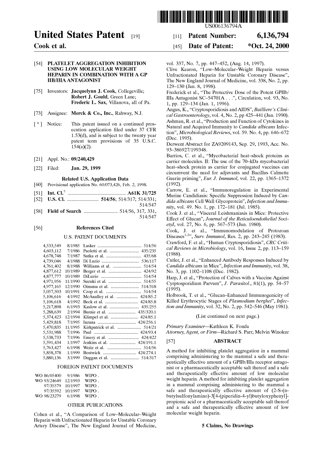 United States Patent (19) 11 Patent Number: 6,136,794 Cook Et Al