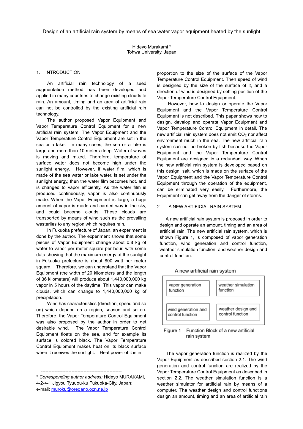 Design of an Artificial Rain System by Means of Sea Water Vapor Equipment Heated by the Sunlight