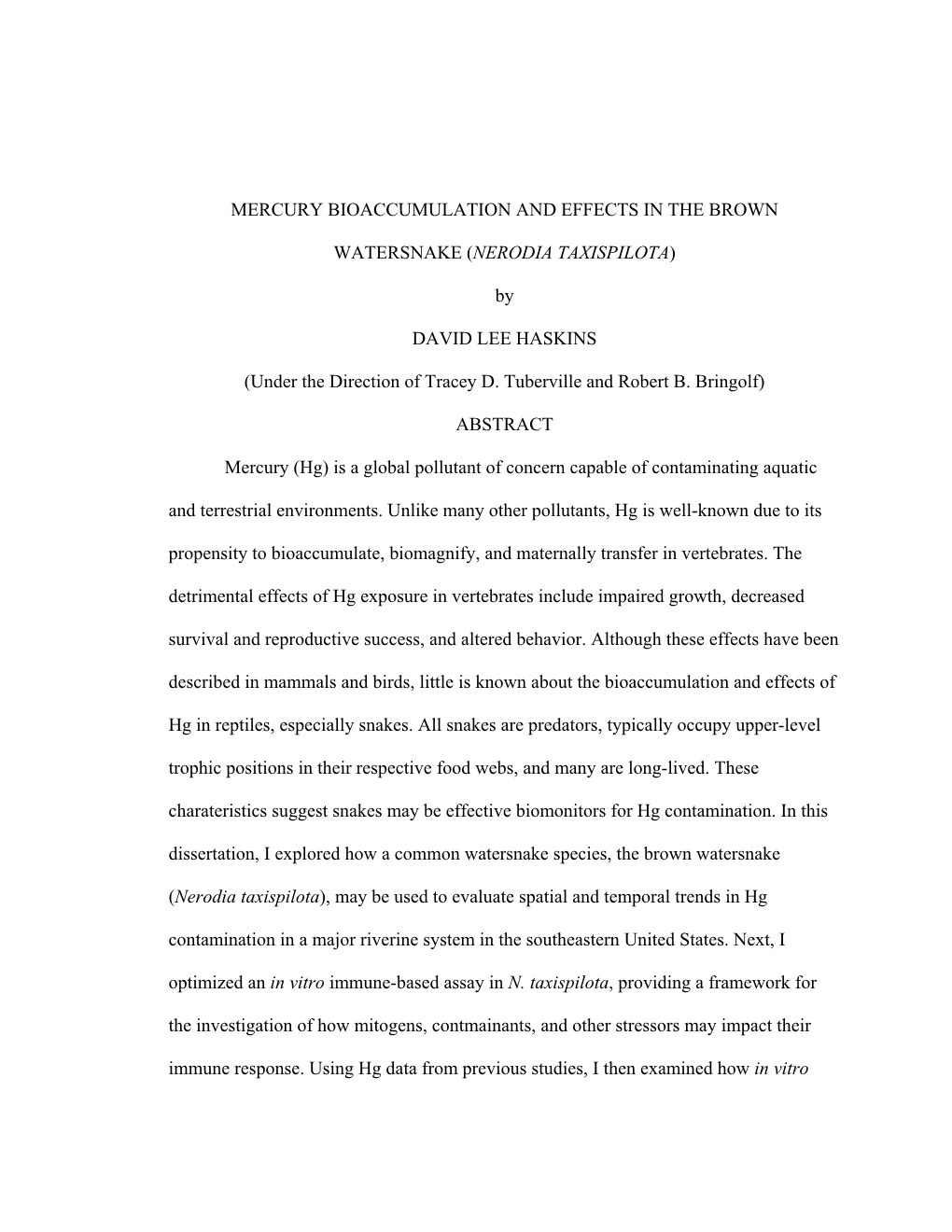 Mercury Bioaccumulation and Effects in the Brown