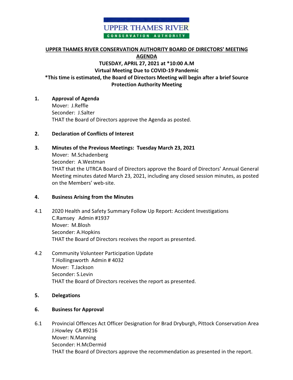 Board of Directors Meeting Agenda & Reports, April 27 2021